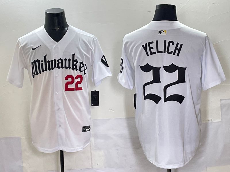Men 2025 Milwaukee Brewers #22 Yelich White Five generations Joint Name Nike MLB Jersey style 05->milwaukee brewers->MLB Jersey